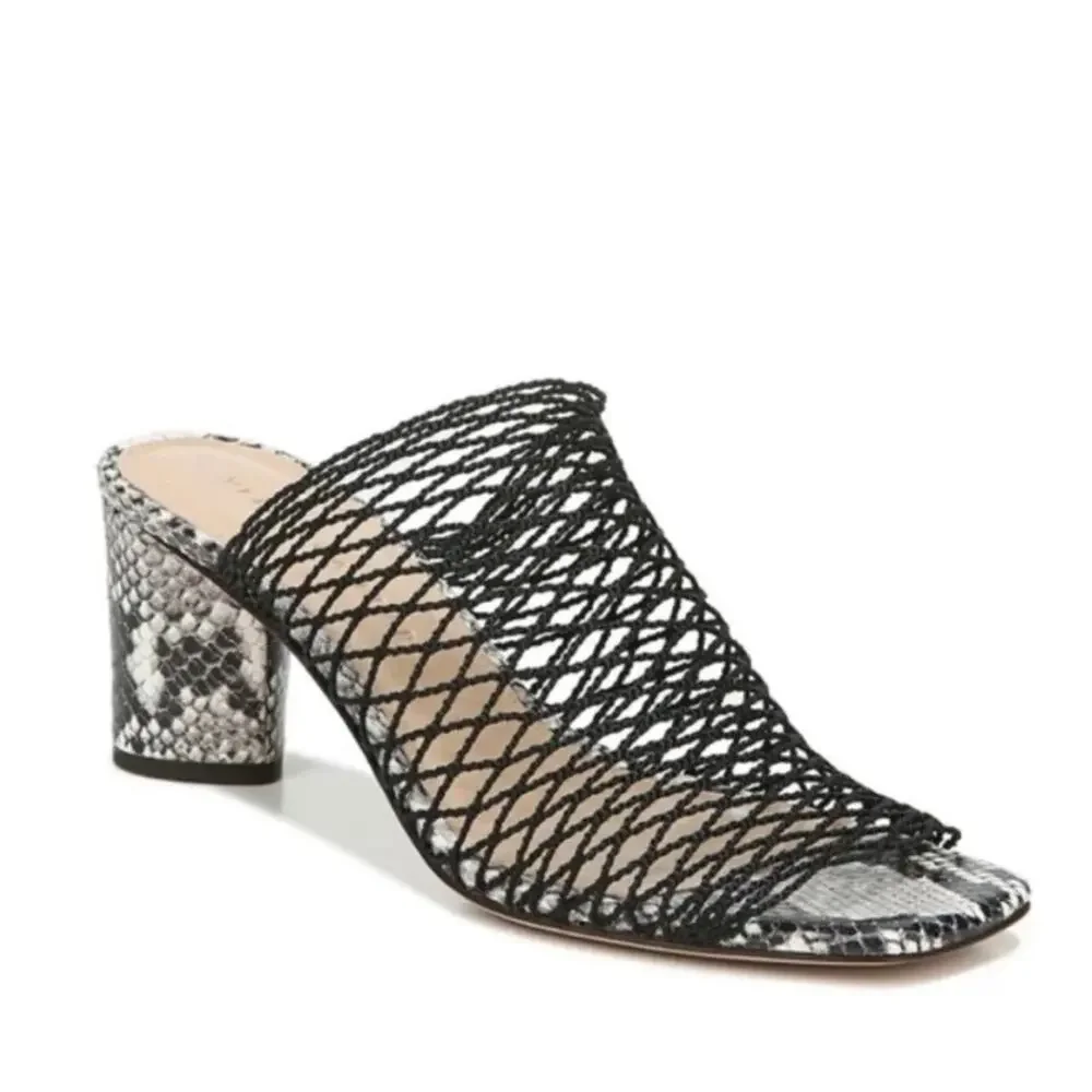 Veronica Beard Kasi Snakeskin Print Block Heel Mesh Slide Sandal In Black 8.5